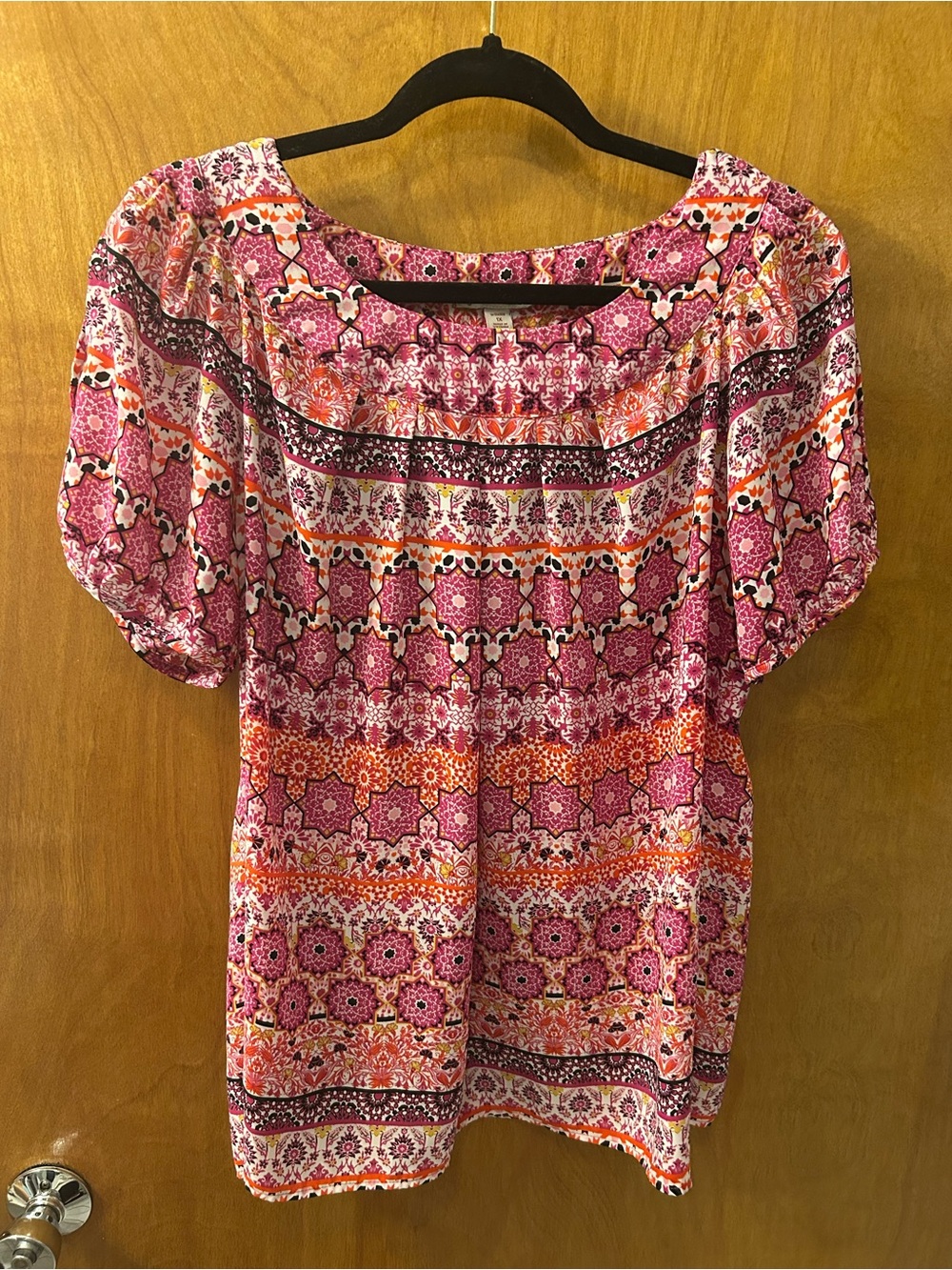 Dress Barn Pink and Orange Geometric Short Sleeve Blouse